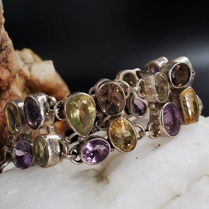 Heavy Sterling Silver Bracelet 925 Genuine Gem Amethyst Citrine Chocolate Topaz